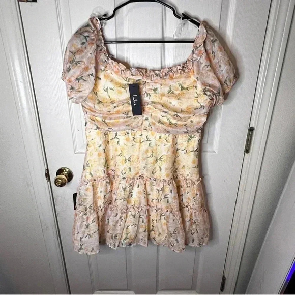NWT Lulus Yellow Floral Corset Mini Dress Off Shoulder  Size XL Light Classy - Picture 3 of 6